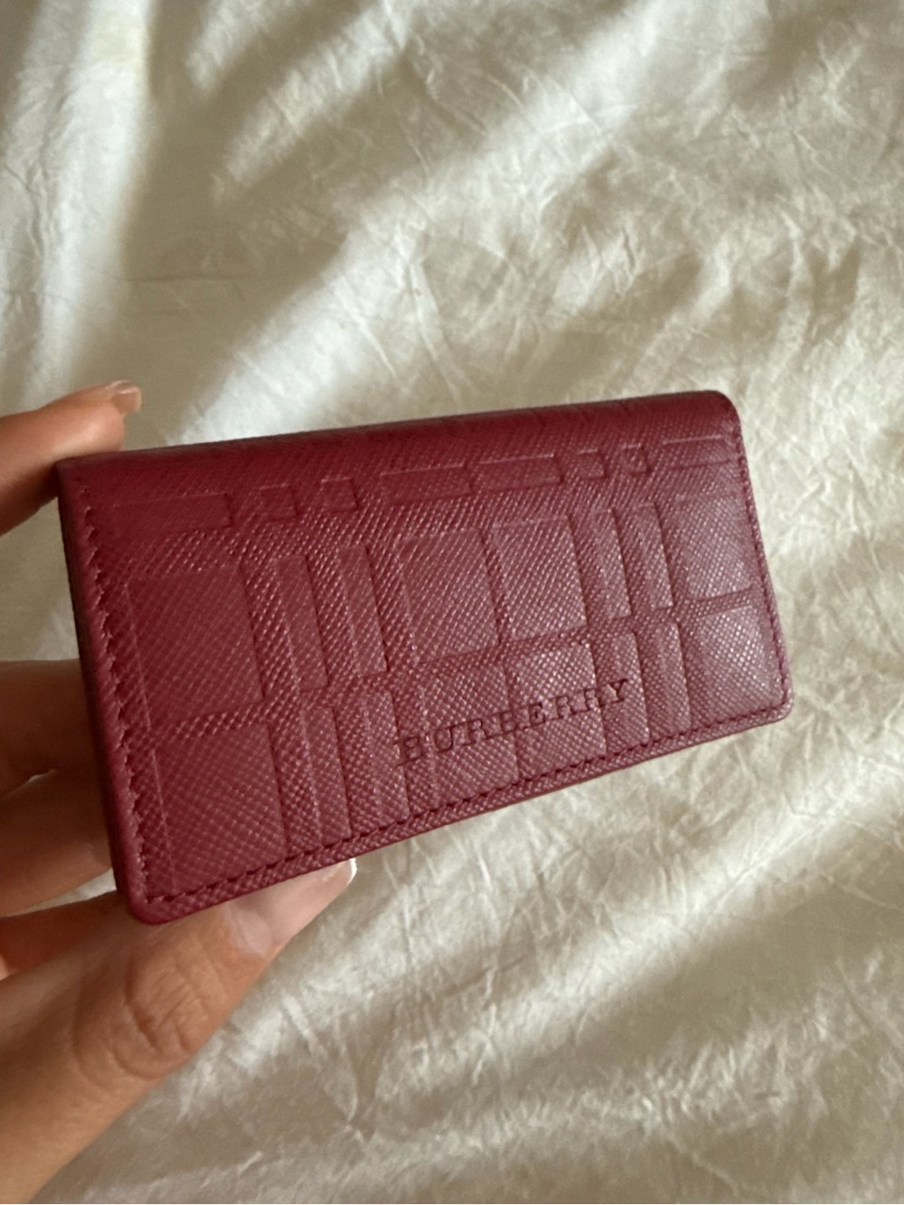 Burberry Embossed Check Leather Key Holder Burgundy NIB